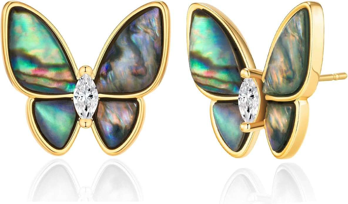 18K Gold Plated Dark Mother of Pearl Butterfly Flower Stud Statement Earrings with CZ for Women