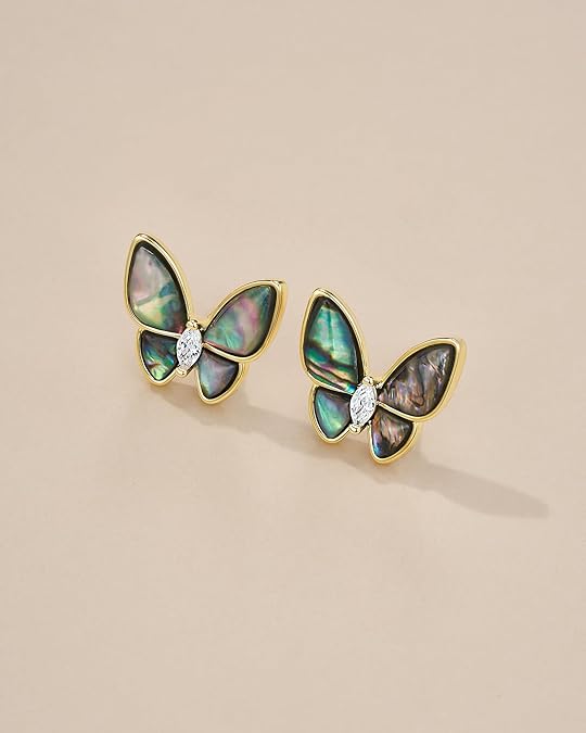 18K Gold Plated Dark Mother of Pearl Butterfly Flower Stud Statement Earrings with CZ for Women
